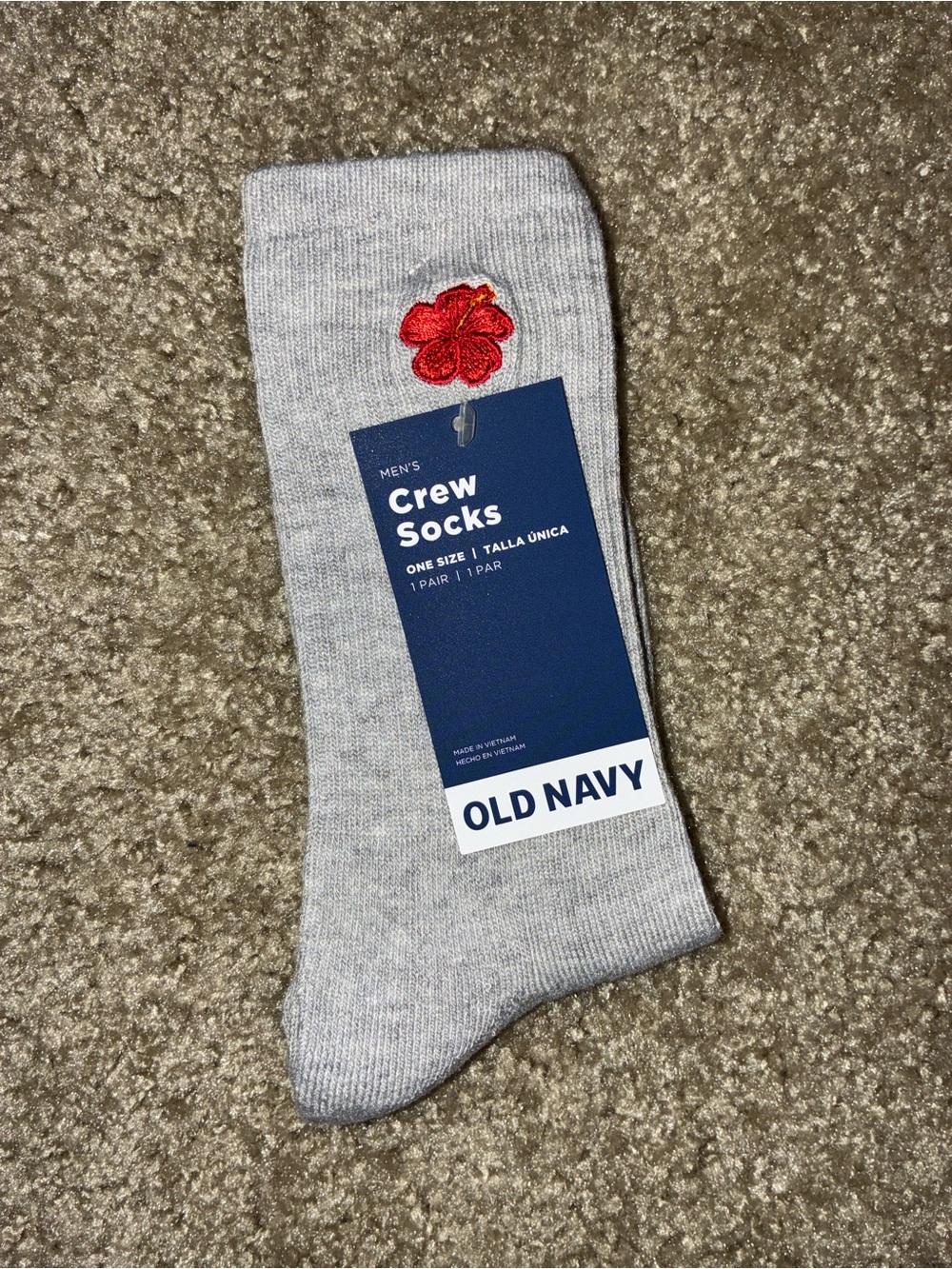 Old Navy Light Gray Crew Sock with Red Flower Embroidery